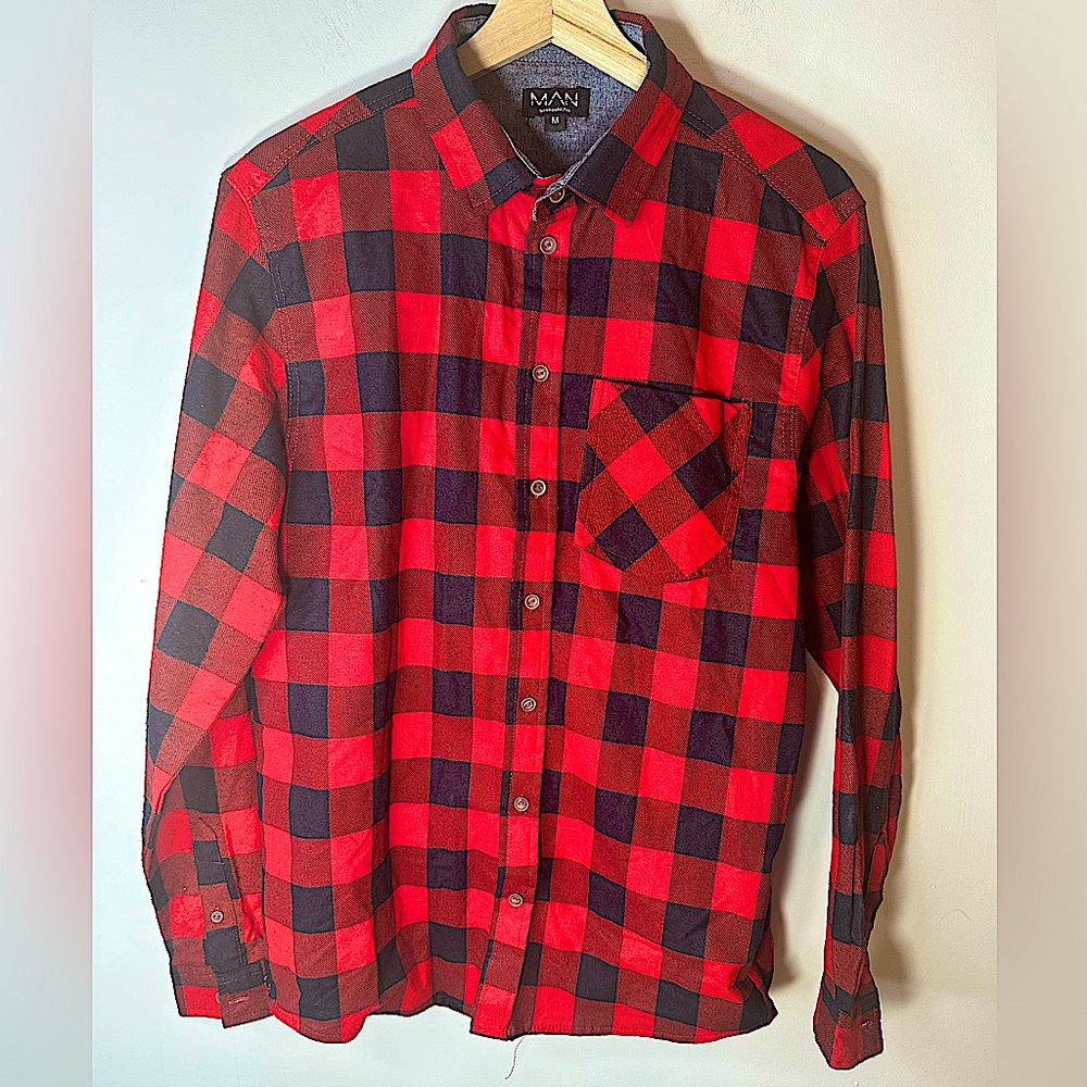 BOOHOO MAN Red Plaid Checkered Long Sleeve Cotton Shirt Men’s Size Medium